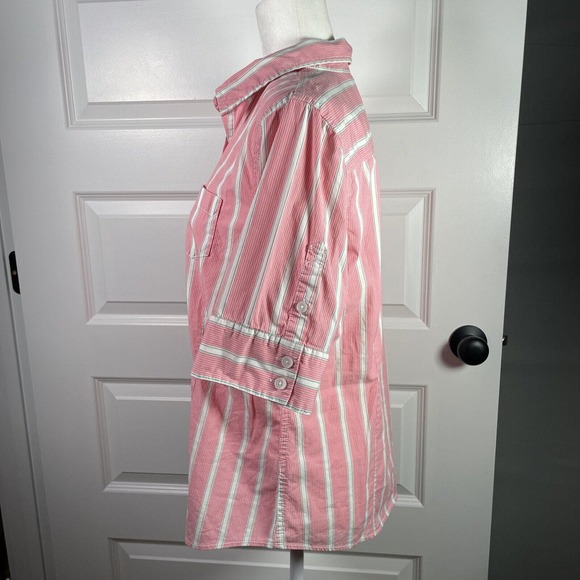 LL Bean Pink Green Stripe Woman’s Blouse Size L Large Short Half Sleeve - Picture 2 of 6
